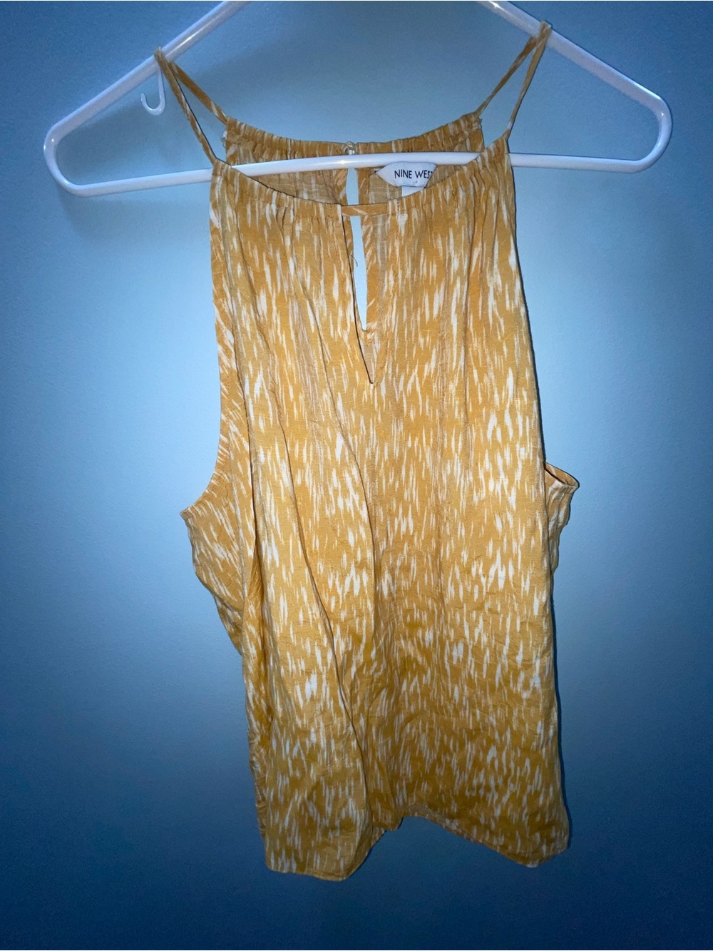 Nine West High-Neck Keyhole Halter Tank Top in Mustard Ikat Print